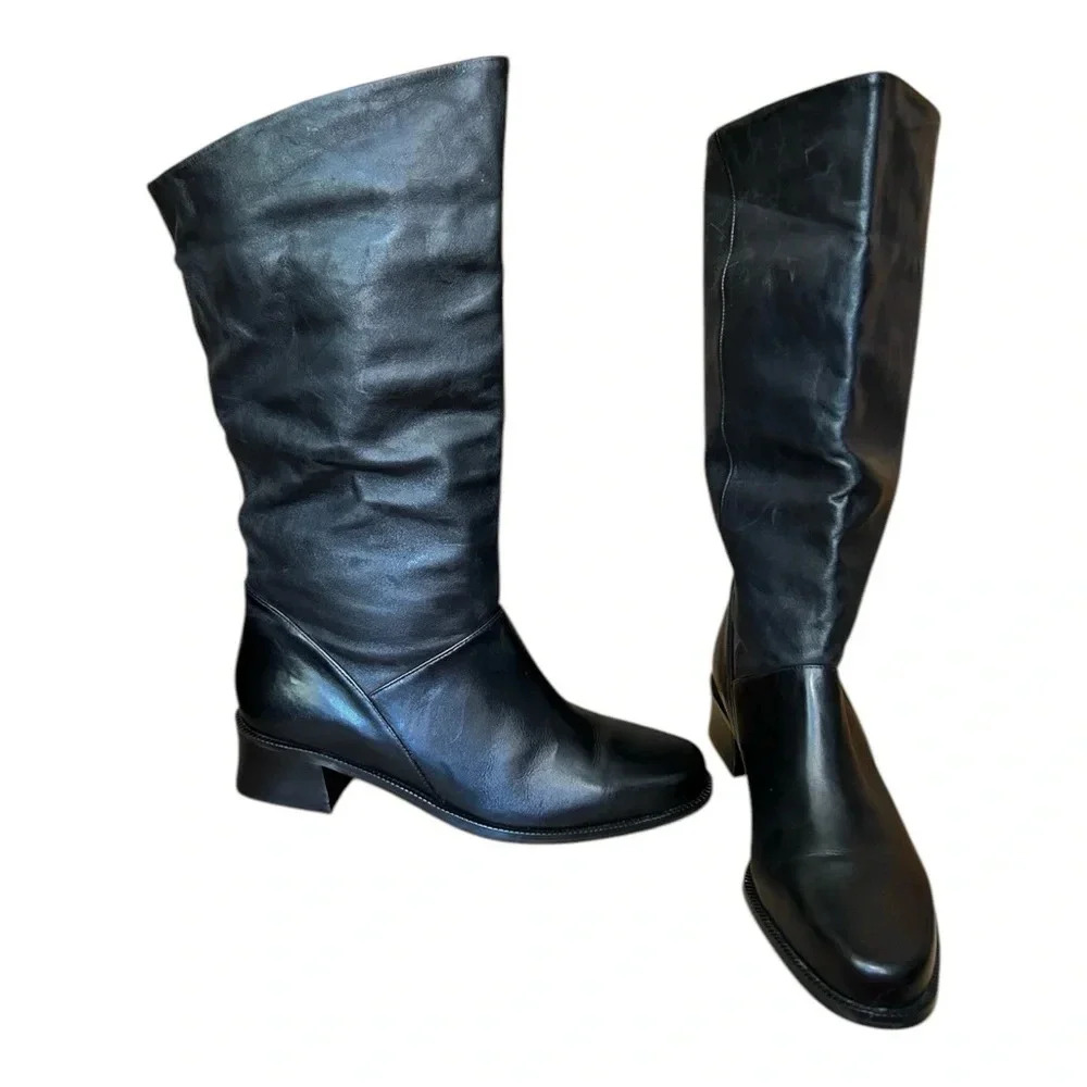 MARKON Shelly Black Leather Riding Boots sz 7.5M Fall Winter 1.5" Block Heel EUC